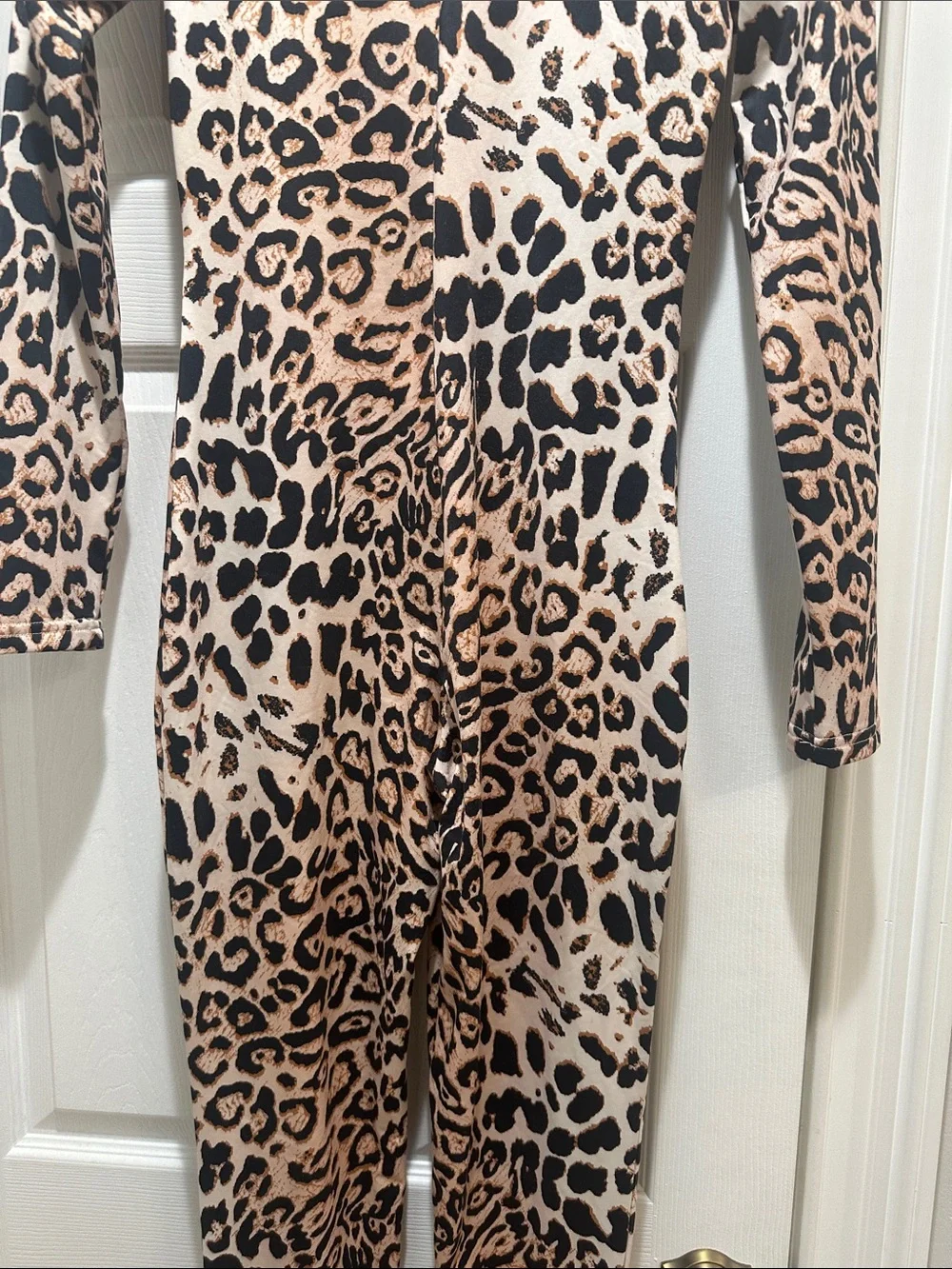 Leopard Print Long Sleeve Jumpsuit - Beige & Black